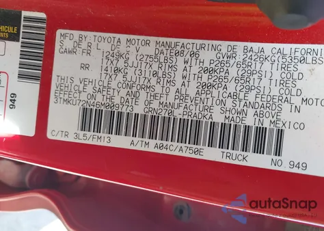 2006 Toyota Tacoma Prerunner V6 z USA, uszkodzony, nr VIN 3TMKU72N46M009773